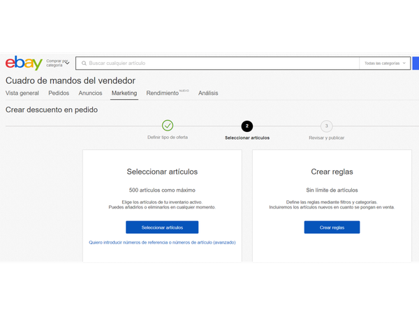 Captura de pantalla del paso de selección de artículos en el proceso de creación del descuento