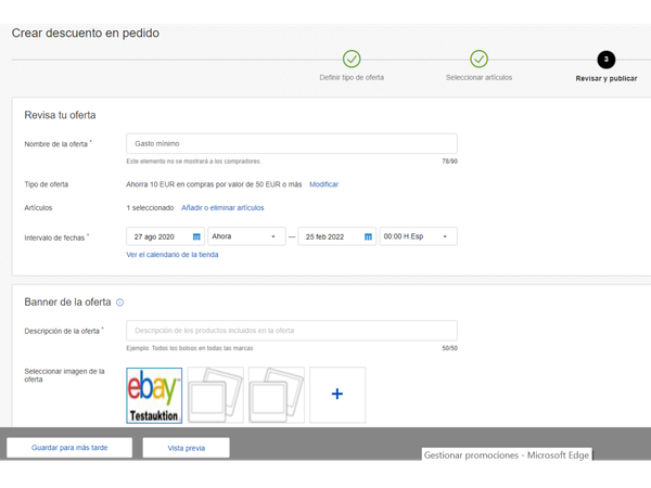 Captura de pantalla del paso de revisión y publicación de la oferta de descuento en pedido