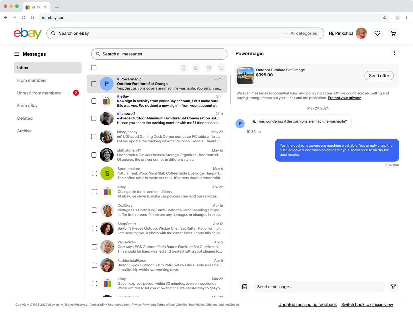 View of the new messaging interface for sellers