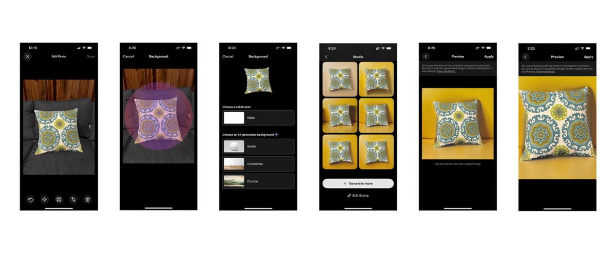 Series of 5 photos showing how to isolate your item, generate backgrounds, and then preview the final result before publishing.