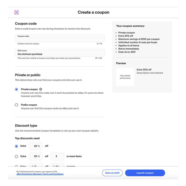 screenshot of create a coupon page