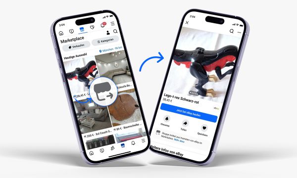 Zwei Smartphones zeigen Screenshots von eBay-Angeboten bei Facebook Marketplace. 