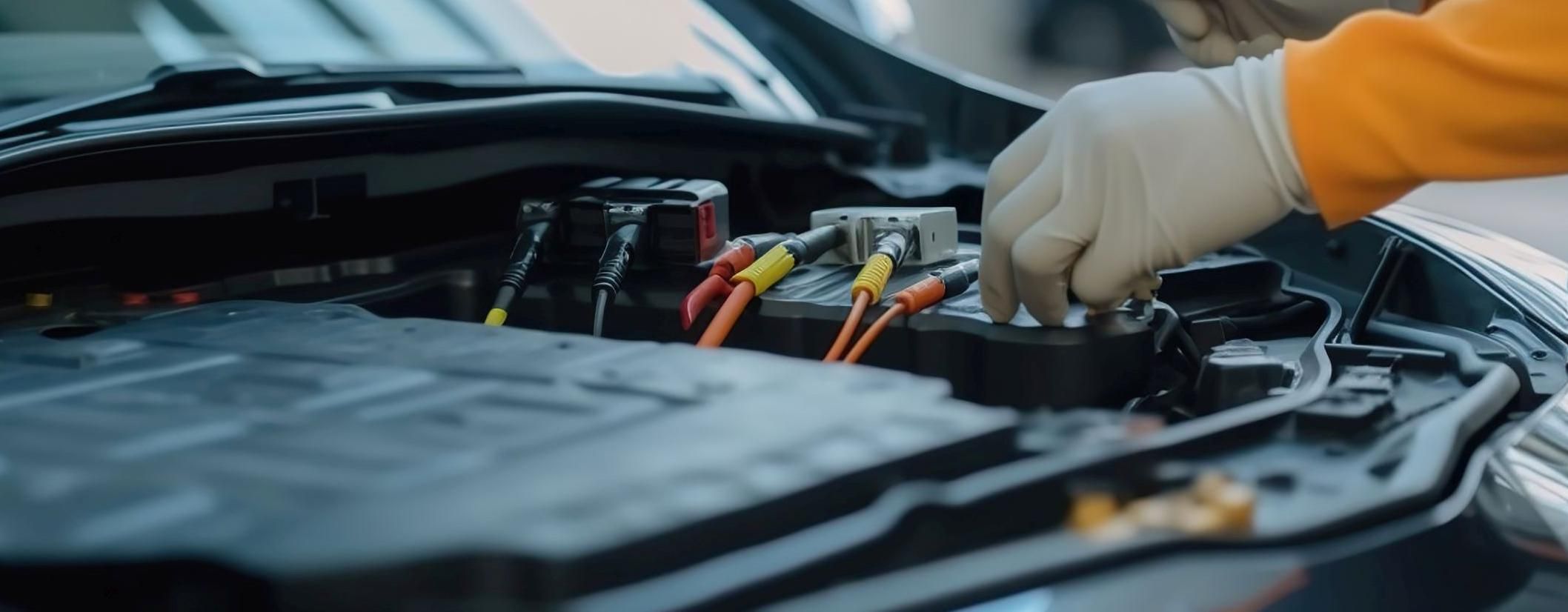 Hände mit Gummihandschuhen berühren einen Elektromotor unter einer geöffneten Motorhaube