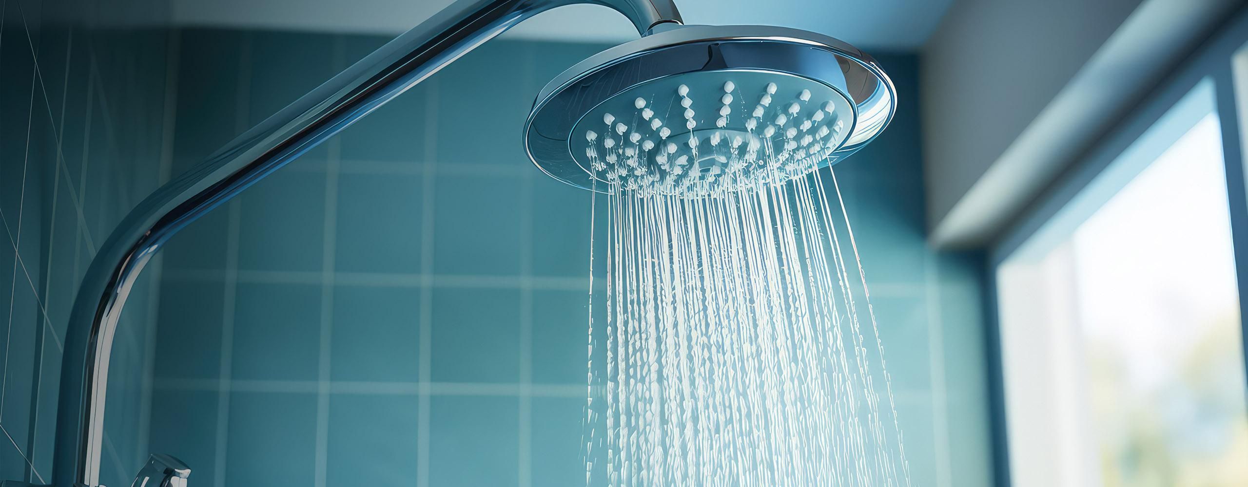 Wasser läuft aus einem Duschkopf vor einer Wand mit blauen Fliesen.