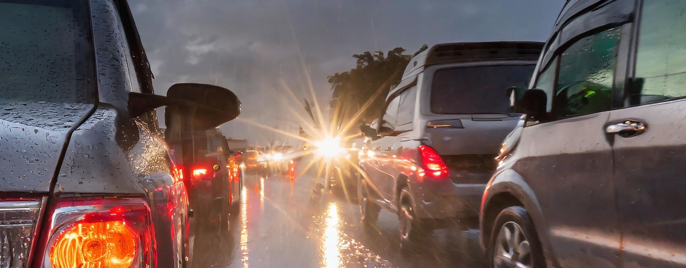 Eine verkehrsreiche Straße bei Regen während der Dämmerung. Rücklichter von Autos leuchten rot und reflektieren auf der nassen Fahrbahn.
